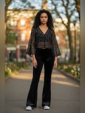 Black Velvet Flared Pants and black and silver crop top with butter sleeves set